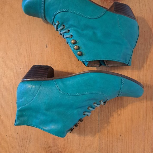 Teal Green Chelsea Crew Heeled Lace Up Ankle Booties With Zip - Picture 6 of 9